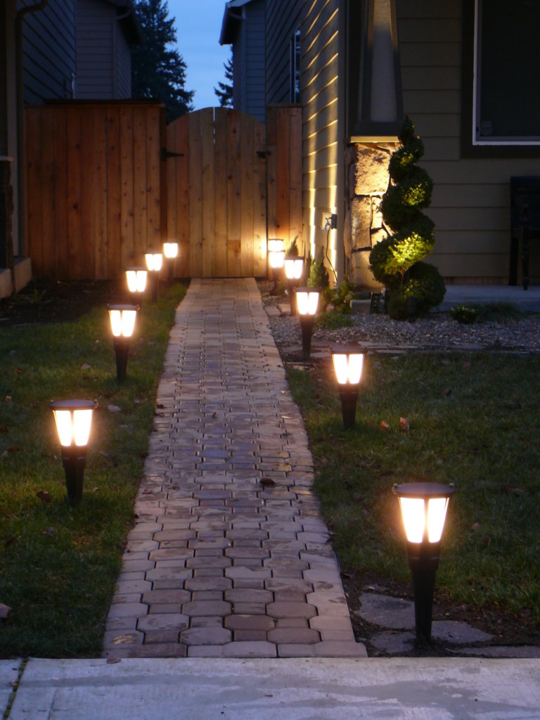 exterior ideas inspiring landscape pathway decors with cement pavers and green grass around as well as solar outdoor lighting ideas in front yard views romanesque outdoor lighti