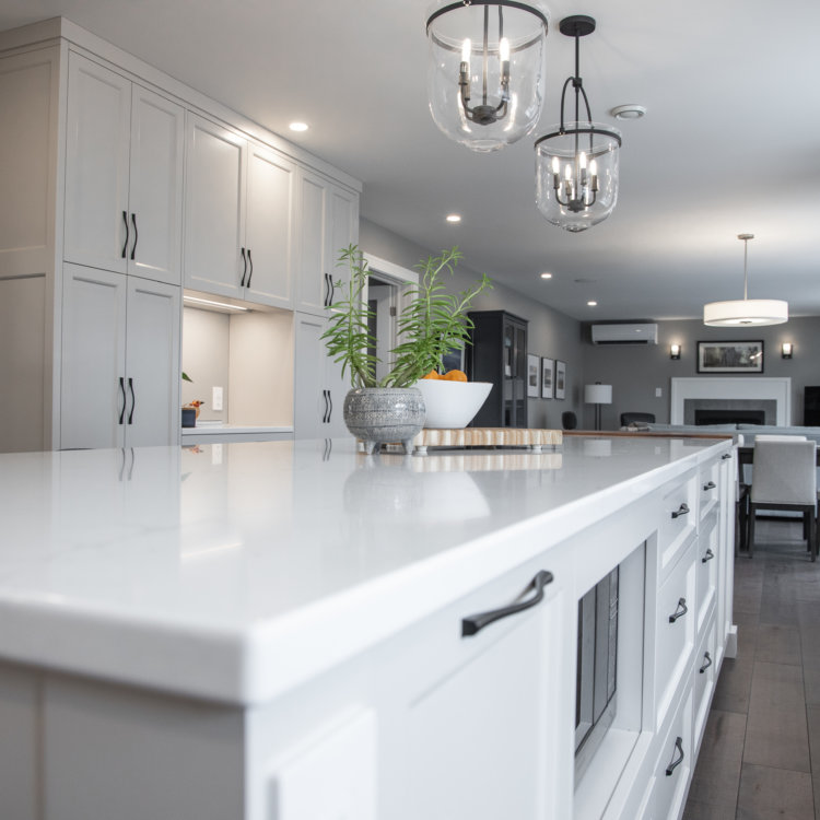 View of quartz countertop on kitchen island in kitchen renovation