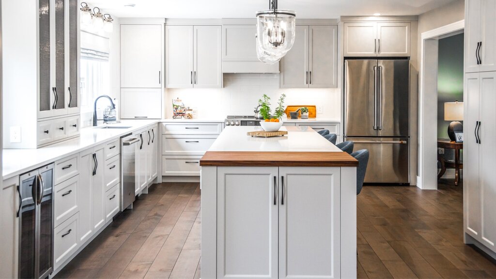 kitchen renovation with island, quartz countertop, and butcher's block